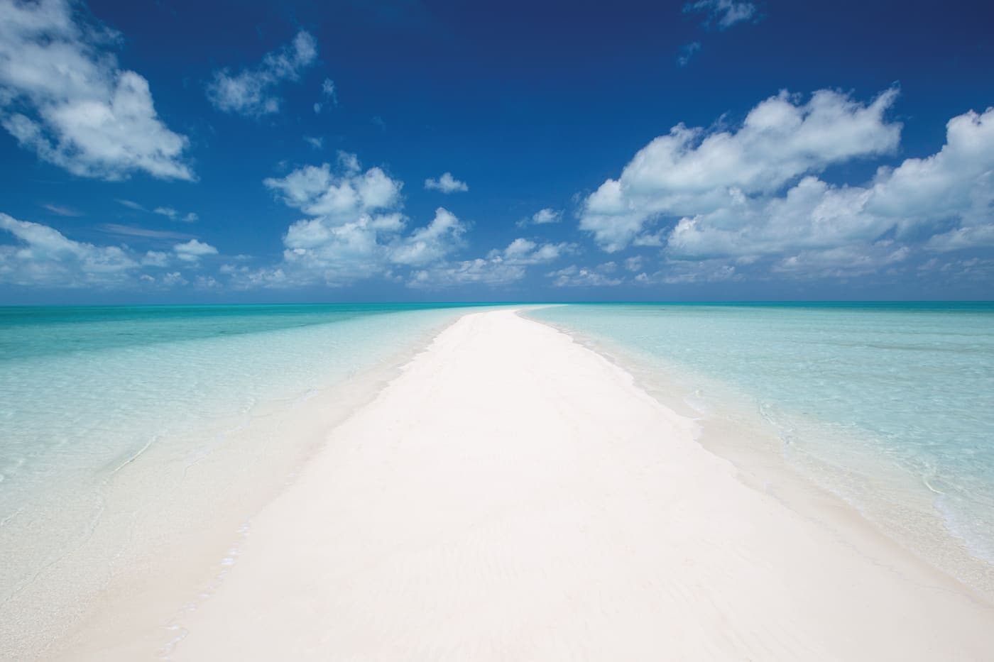 A long sandbar in the Exuma Cays at low tide