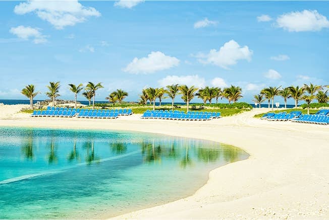 Beach Front View with Blue Lounge Chairs and Palm Trees