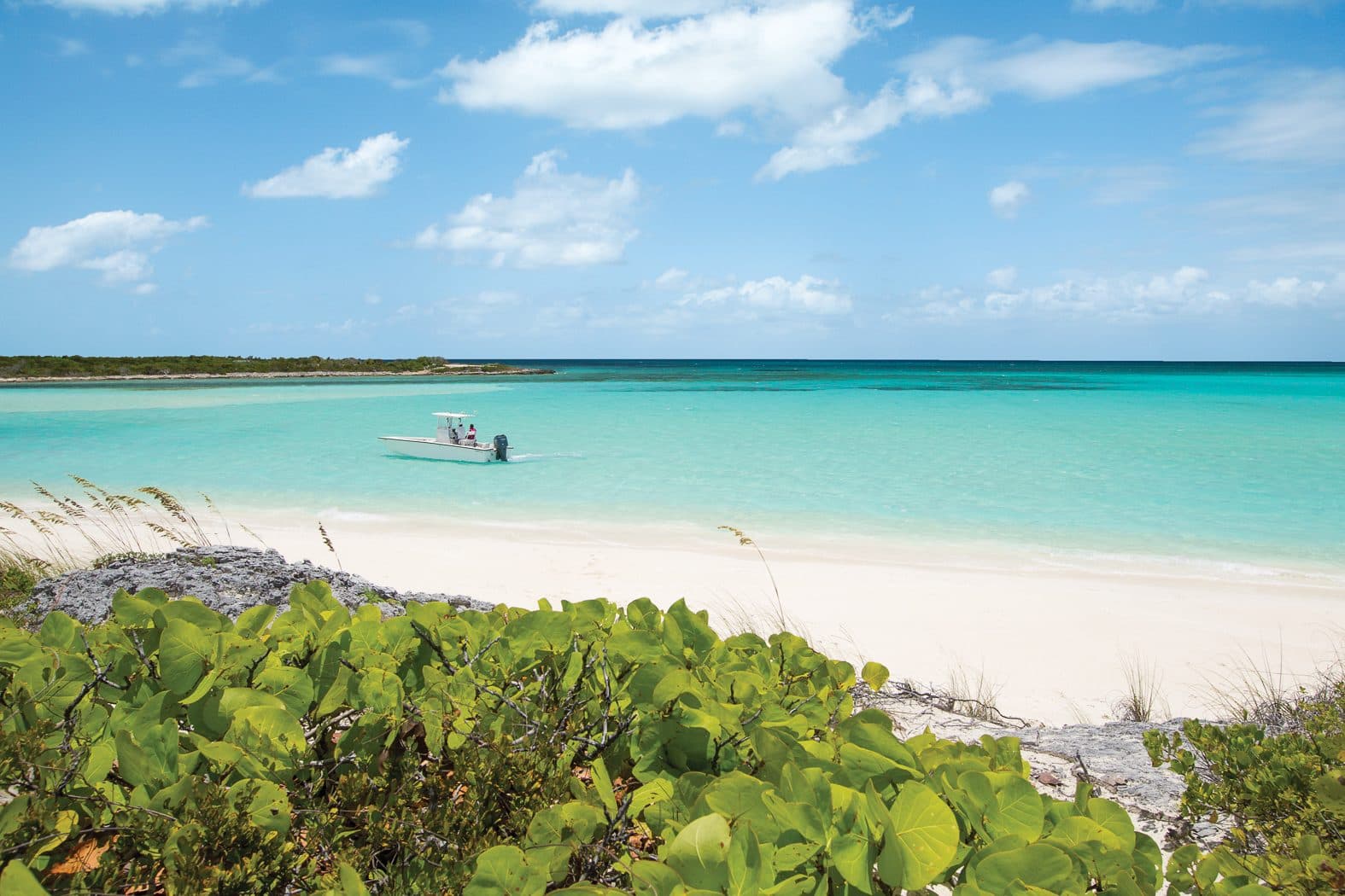 A quiet beach with a small boat anchored offshore in the Berry Islands