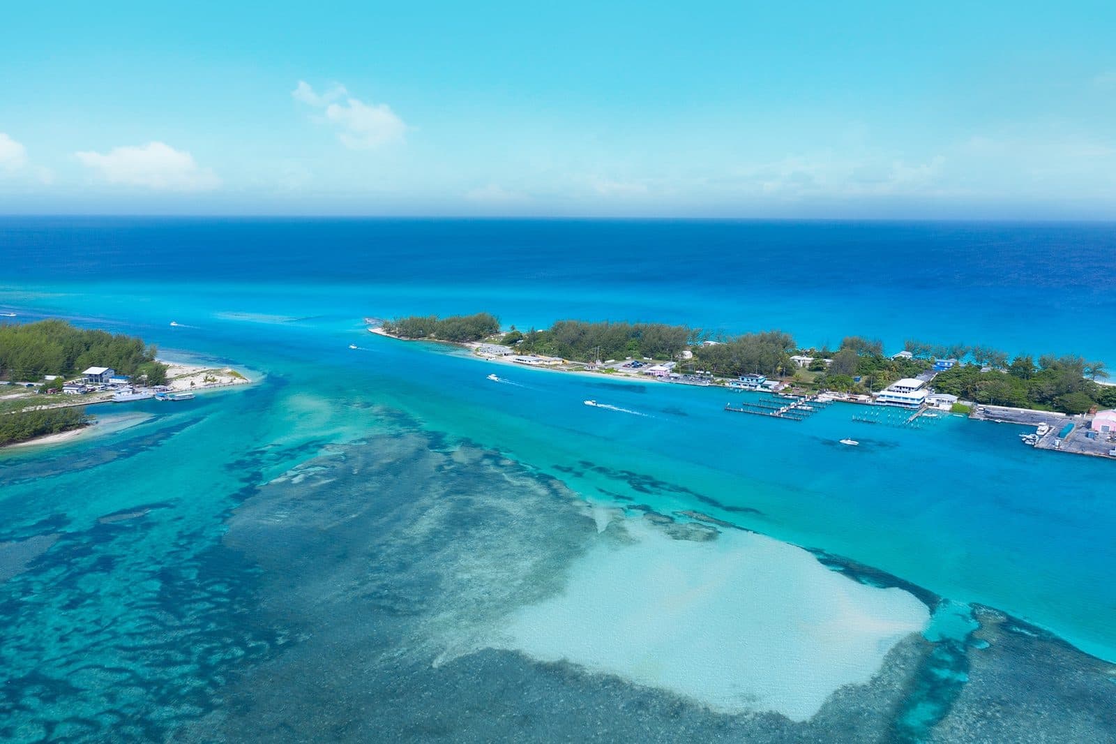 Aerial view of the channel and reefs between North and South Bimini