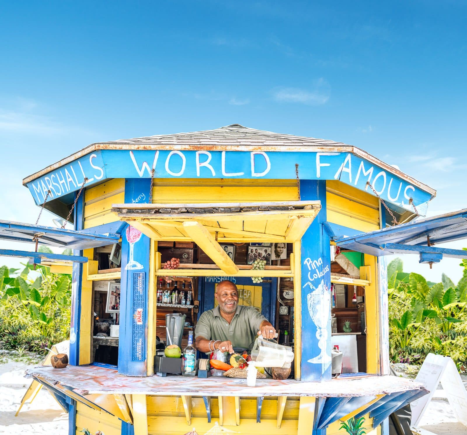 A brightly painted food stand in Nassau