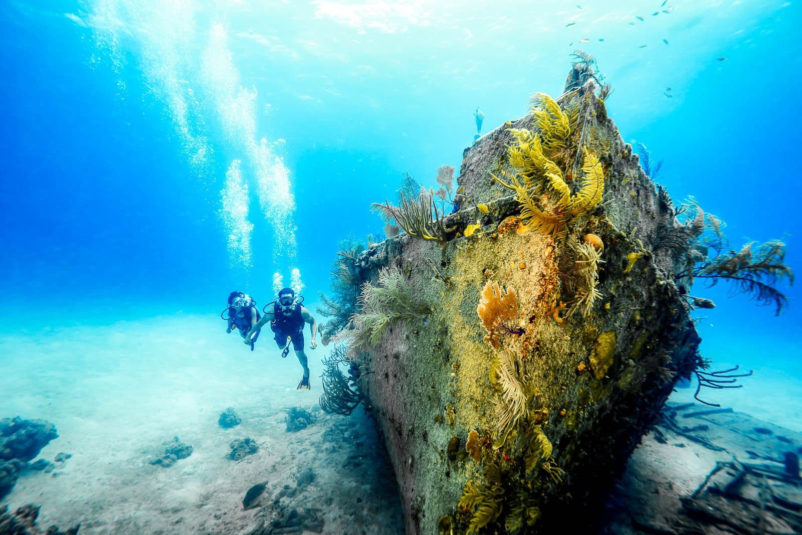 Divers exploring a wreck in clear water off Rum Cay